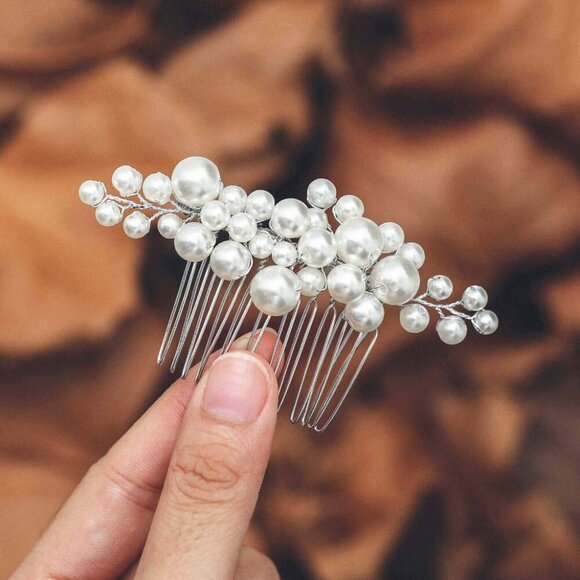 Pearl Bridal Hair Comb Silver Wedding Accessory Elegant Side Hair Piece - Picture 3 of 7